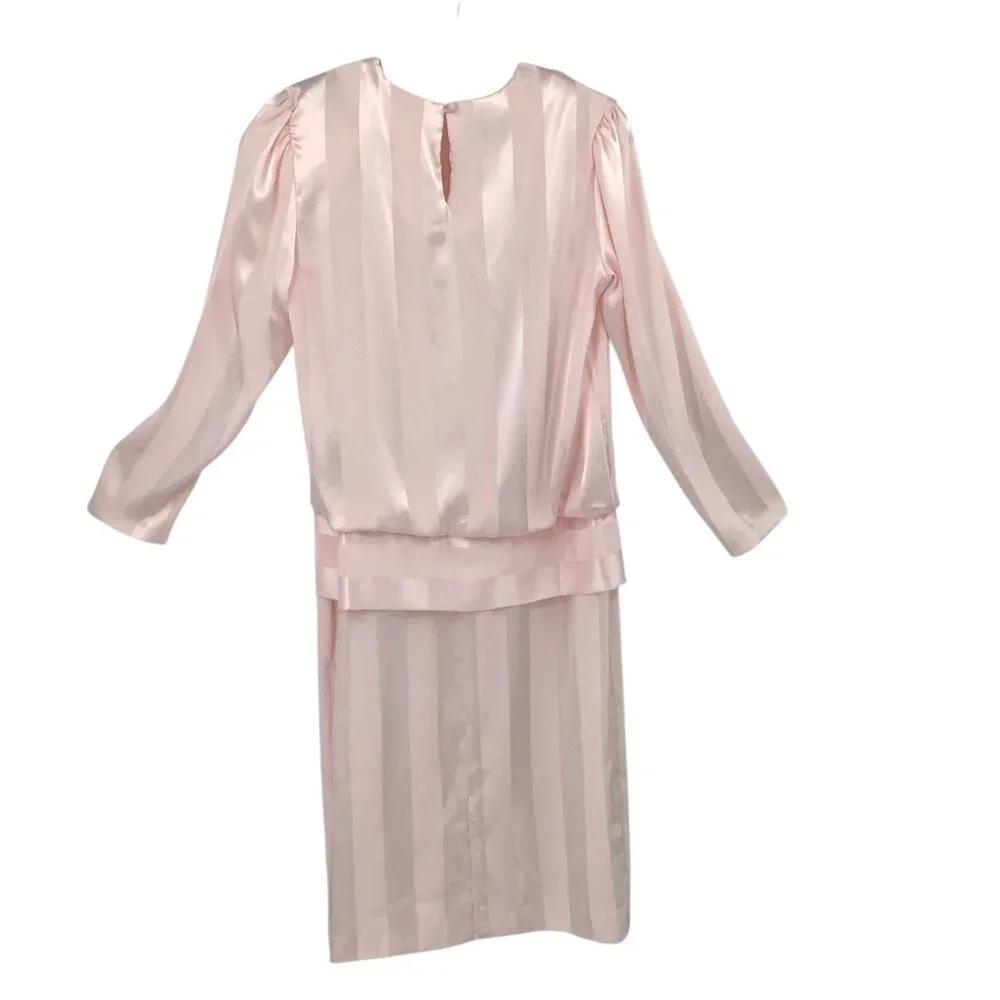 Alexis Women's Pink 11/12 Satin Stripe Blouson Puffed Shoulder Dress 80’s Vtg - Picture 4 of 9